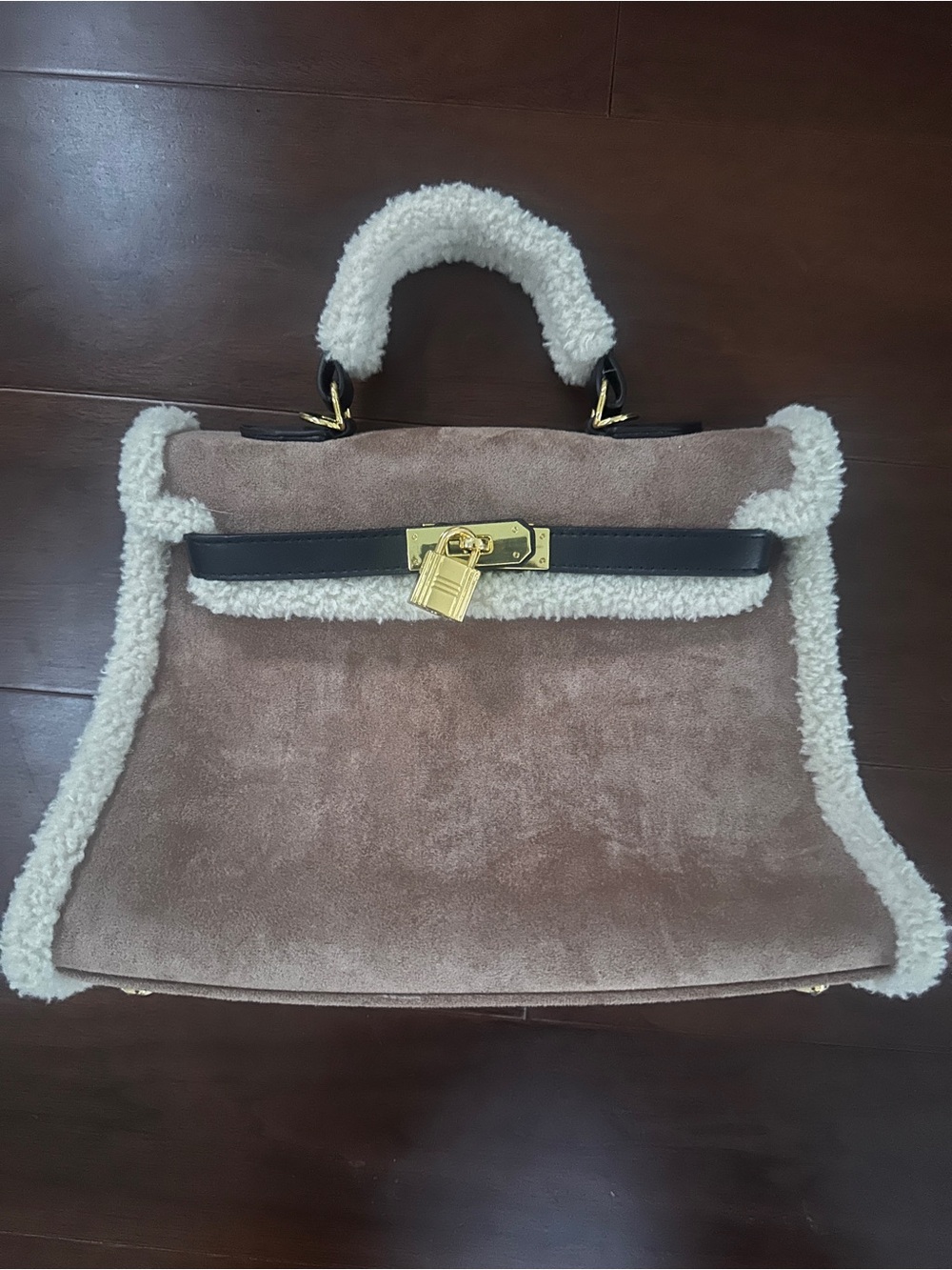 Taupe Shearling Trim Top-Handle Bag with Gold Lock - Picture 1 of 3